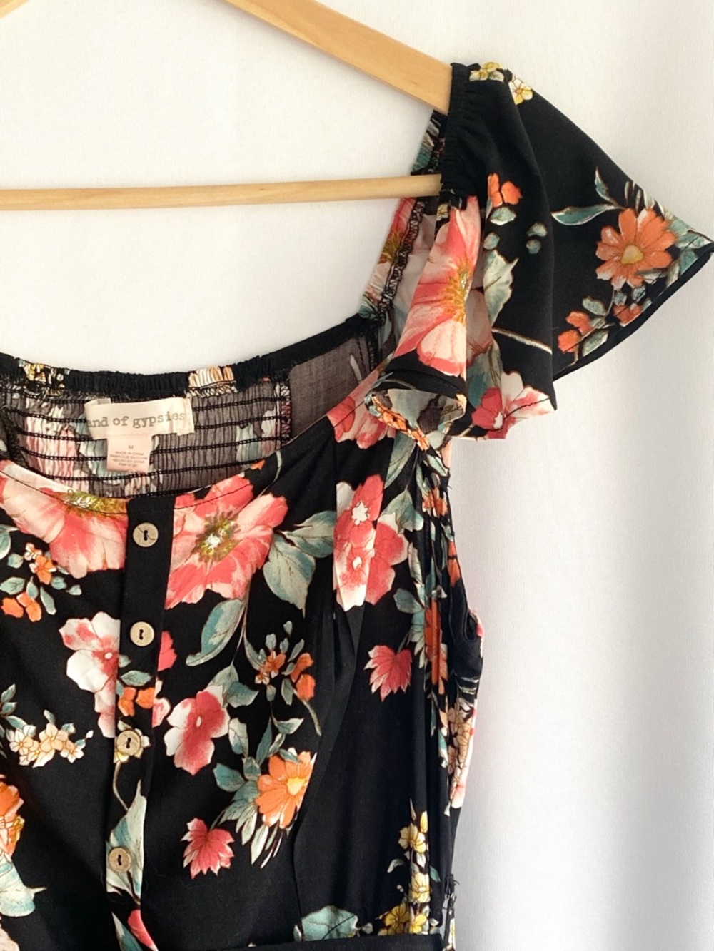 Band of Gypsies Floral Midi Dress M Black Boho Off Shoulder Slit Cottagecore